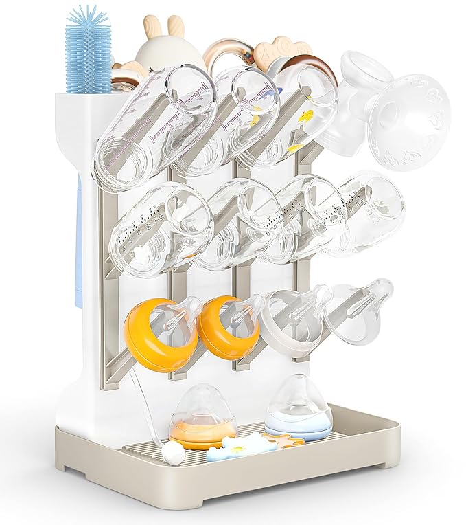 GoMaihe Baby Bottle Drying Rack: Space Saving Vertical Bottle Dryer Holder - Baby Accessories Storage Stand Organize Brushes Pacifiers on Countertop - BPA-Free - Beige