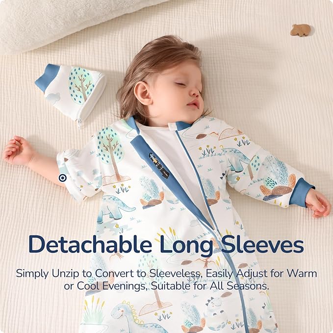 Baby Sleep Sack 6–12 Months, Cotton Sleep Sack with Detachable Long Sleeves, 1.0 TOG Wearable Blanket for Cooler Nights, 2-Way Zipper Toddler Sleeping Sack with Temperature Strip, Dinosaur
