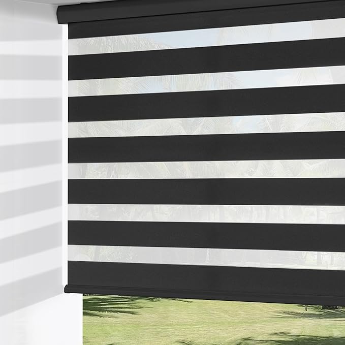 ChrisDowa Cordless Zebra Blinds for Windows, Dual Layer Free-Stop Light Filtering Window Roller Shades, Pull Down Privacy Zebra Shades for Home, Office, Bedroom, Door (34" W x 72" H, Black)