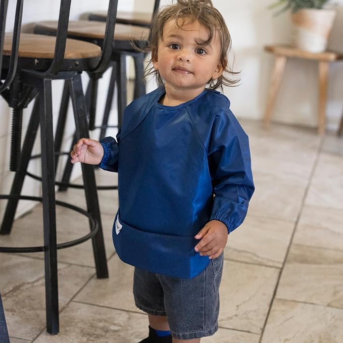 Tiny Twinkle Long Sleeve Bib for Babies & Toddlers | 2-Pack Waterproof Smock Bib for Eating | Machine Washable & Mess-Proof Feeding Essentials | Newborn Shower Gift (Grey Indigo,2-4Y)