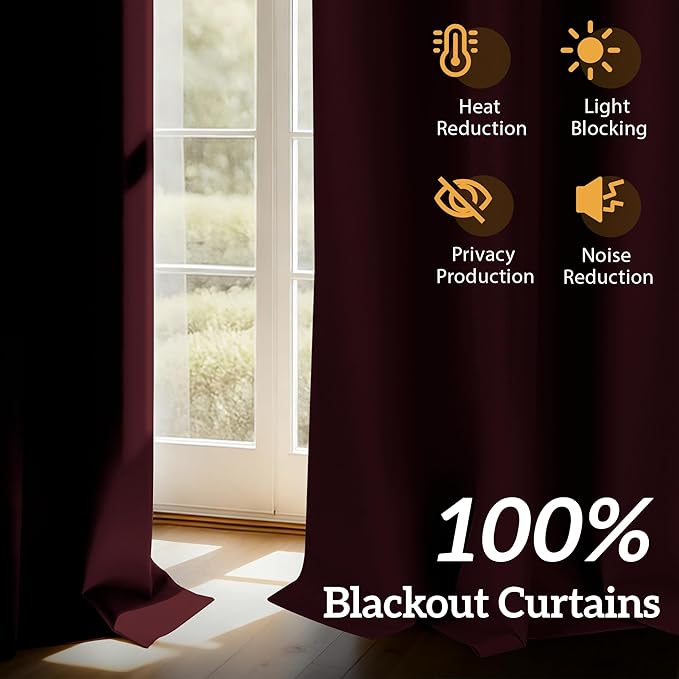 100% Blackout Curtains 54 Inch Length for Bedroom Living Room, Grommet Thermal Insulated Room Darkening Drapes, Light Blocking Window Treatment Decor, 2 Panels, 37x54, Burgundy Red