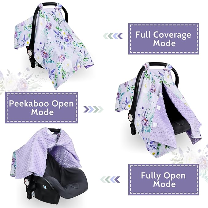 Car Seat Cover Baby, Peekaboo Opening Carseat Covers Baby Girl, Warm Minky Infant Car Seat Canopy, Multi-Use Cover Protecting Baby from Wind, Sun, Strangers Purple Floral