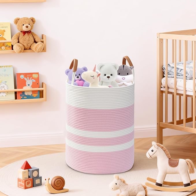 60L Striped Laundry Basket, Pink Laundry Hamper with Leather Handles, Woven Cotton Rope Storage Bin for Blankets, Nursery Hamper for Clothes, Toys In Bathroom, Livingroom, Bedroom