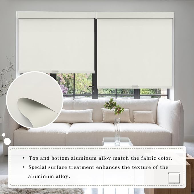Cordless Blackout Roller Shades Blinds for Windows Free-Stop,Pull Down Room Darkening with Valance,Thermal Insulated Woven Fabric Window Door Blinds for Home,Office,Beige 32.5" W x 72" H