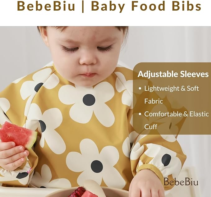 BebeBiu Long Sleeve Baby Bib, Waterproof Fabric, Catch-All Pocket, Baby Smock Bib, Adjustable Sleeves