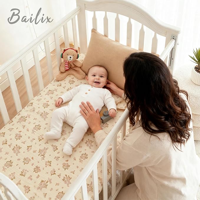 Heavyweight Muslin Baby Crib Sheets - 2PCS 52"x28" Neutral Fitted Crib Sheets for Boys Girls, Breathable Soft 100% Organic Cotton Standard Baby Mattress Sheet (Nature, Coffee)