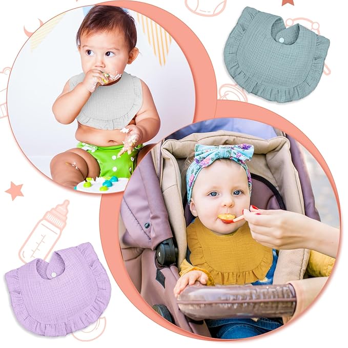 Seematn 10 Pcs Baby Muslin Bibs for Unisex Girls & Boys Drool Bibs Bandana Ruffle Soft Cotton for Newborn Infants Toddlers(Gentle Colors)