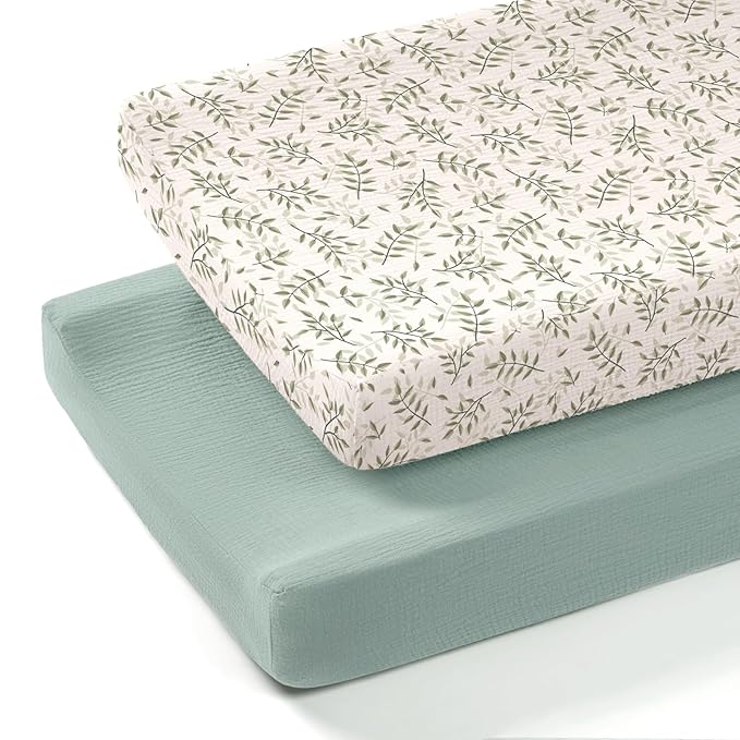 lulumoon Muslin Changing Pad Cover: 2-Pack Soft Breathable Cotton Boho Leaf Print for Baby Girls Boys- Nursery & Baby Shower