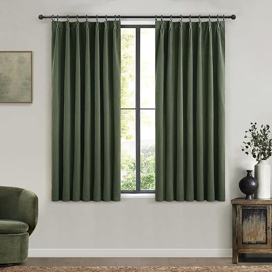 Olive Green Pinch Pleated Cafe Blackout Curtains 45 Inch Length for Small Windows, Dark Academia Cottage Core Curtains Faux Linen Viral Kitchen Drapes Room Darkening Thermal 2 Panels Set(40"W x 45"L)