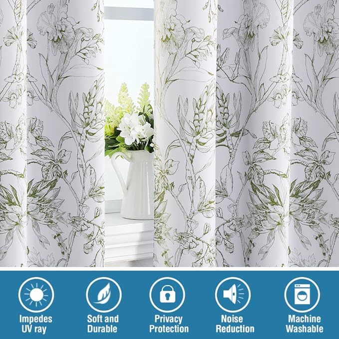 H.VERSAILTEX 100% Blackout Curtains for Living Room Camellia Floral Blackout Curtains 96 Inches Long Light Blocking Window Treatment Curtains with Black Liner Grommet Thermal Drapes, 2 Panels, Olive