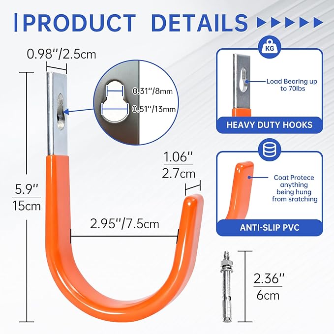 Heavy Duty Wall Hooks, Garage Storage Utility Hooks, Steel Wall Mount Hanger, Tool Organizer Hose Hanger Steel U Hooks for Garage & Garden (4, Orange)