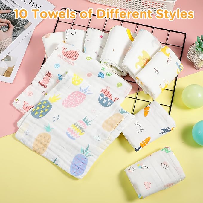 Tatuo 10 Pack Muslin Baby Burp Cloth Soft Washcloths 20'' x 10'' 6 Layer Soft Absorbent Newborn Rags Towel for Baby Shower Boys Girls Machine Washable for Sensitive Skin(Floral Pattern)