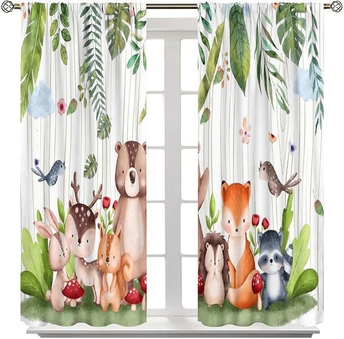 Forest Animal Curtains, Watercolor Wild Animal Bear Fox Deer Kids Window Treatments for Living Room Bedroom,Child Nursery Colorful Wildlife Jungle Forest Living Room Window Drapes Fabric,72x63Inch