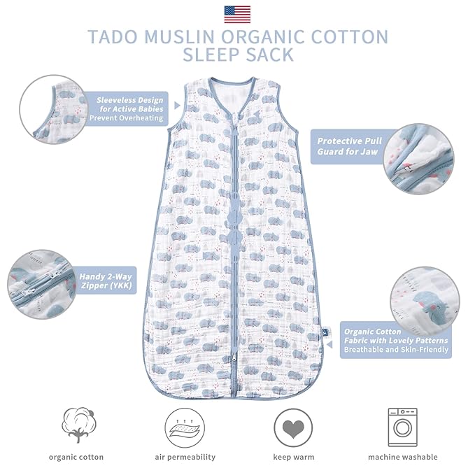 TADO MUSLIN Baby Sleep Sack 0-6 Months Wearable Blanket for Babies 100% Organic Cotton 2-Way Zipper YKK 0.5 TOG Toddler Sleeping Sacks