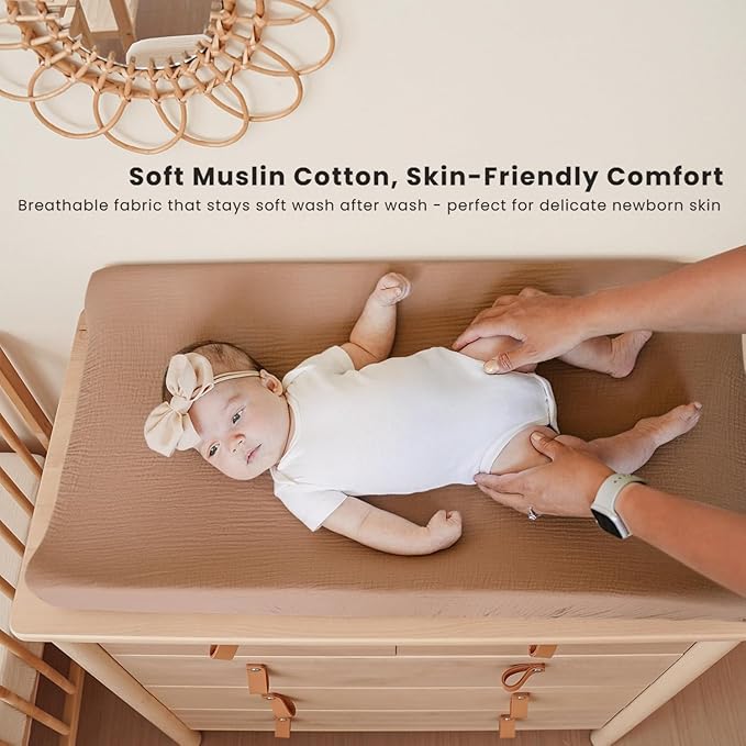 Konssy Muslin Changing Pad Cover for Baby Girls Boys, 100% Cotton Fitted Diaper Chang Table Covers, Soft Breathable Changing Pad Sheets, 2 Pack (Toffee,Flourish)