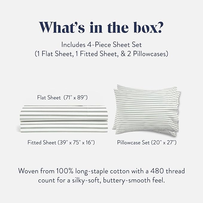 Brooklinen Luxury Sateen 4 Piece Sheet Set - 100% Cotton Bed Sheets, Soft & Durable Twin Sheet Set in Green Tandem Stripe, Oeko-TEX Certified Bedding Set, 1 Fitted Sheet, 1 Flat Sheet, 2 Pillowcases