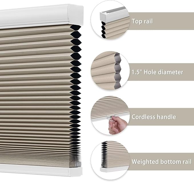 Changshade Cordless Blackout Cellular Shades for Indoor Windows Doors, Black Out Room Darkening HoneyComb Blinds Thermal Insulated 1.5 Inch Cell for Home, Bedroom, Bathroom, Nursey, 43"W×64"H, Beige