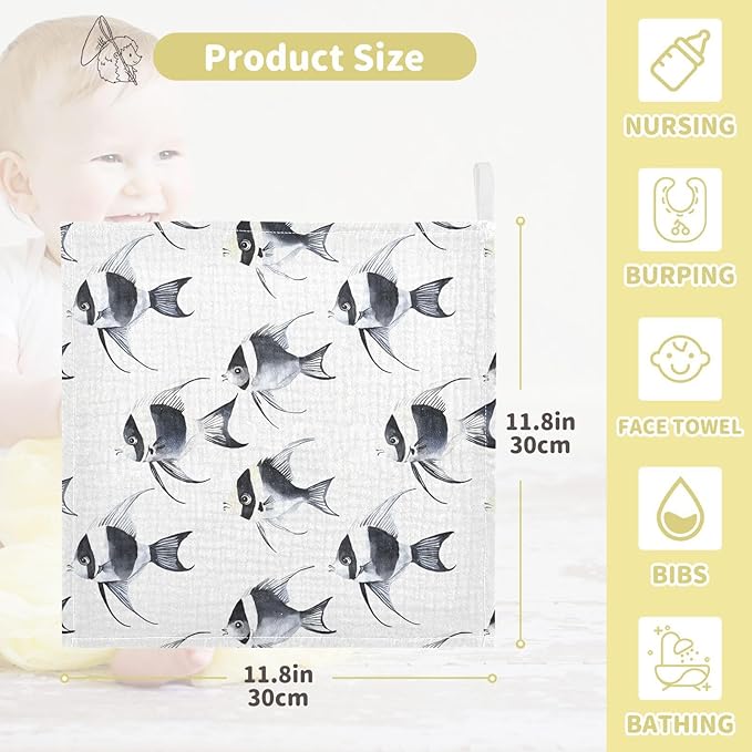 vvfelixl Baby Muslin Washcloths Black and White Angelfish Baby Burp Cloths Cotton Babys Face Towel for Newborn Infants Boys Girls Soft and Absorbent 11.8 X 11.8 in, 3 Pack