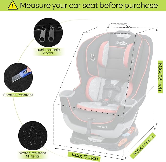 Padded Car Seat Travel Bag for Airplane, Heavy Duty Backpack for Air Travel, Water-Resistant Carrier with Shoulder Strap, Fits Most Car Seats (Black)