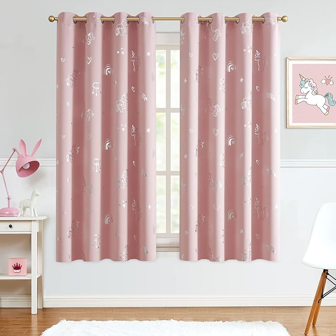 Vangao Rainbow Room Darkening Kids Curtains for Girls Bedroom Pink Unicorn for Kids Nursery Room Silver Foil Print Curtains Thermal Insulated Drapes Grommet Window Drapes 63 Inches Length 2 Panels