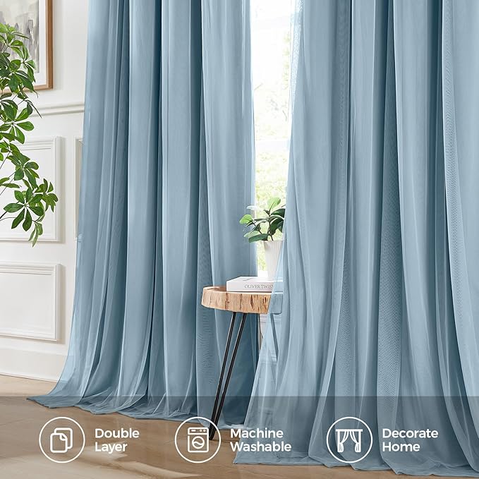 100% Blackout Curtains for Bedroom, Double Layer Blue Curtains, Black Out Curtain 84 inch Long with Sheer Overlay for Living Room, Room Darkening Window Drapes with Grommet, 52" W x 84" L