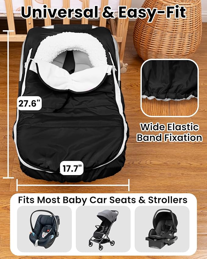 TinyPalsa Winter Baby Carseat Cover, Warm Cozy Infant Car Seat Covers with Plush Lining for Cold Weather, Waterproof Carseat Canopy with Adjustable Collar, Universal Fit for Boys & Girls (Black)