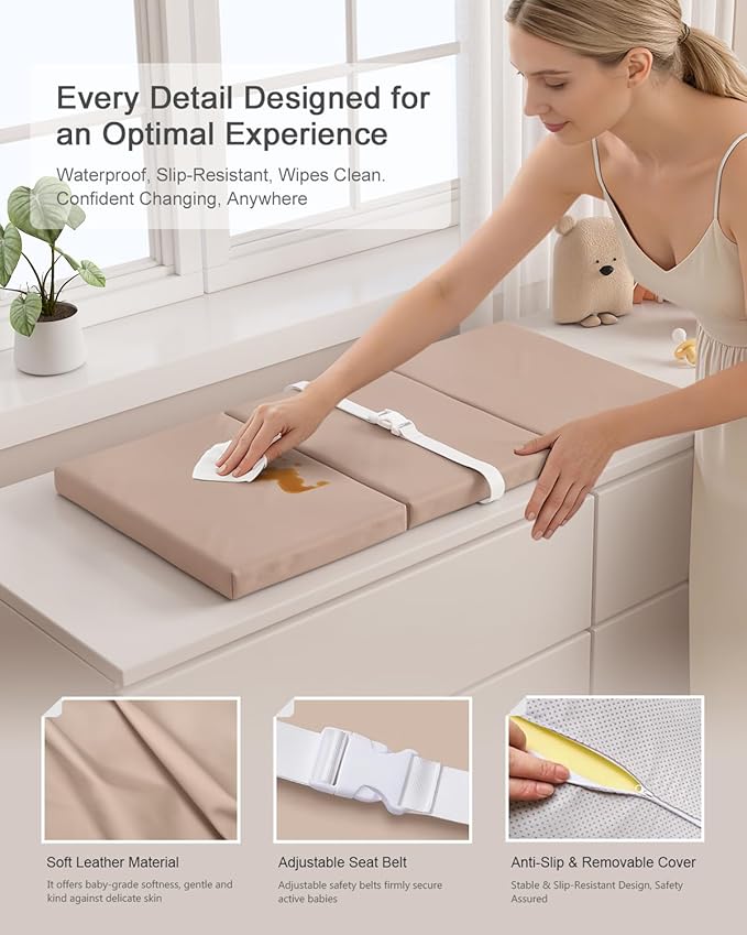 YACODAVO Foldable Baby Changing Pad with Vegan Leather Cover, Standard Side Waterproof & Wipeable Changing Pad for Toddler, Flat Foam Travel Diaper Changing Pad for Dresser and Table, Light Brown
