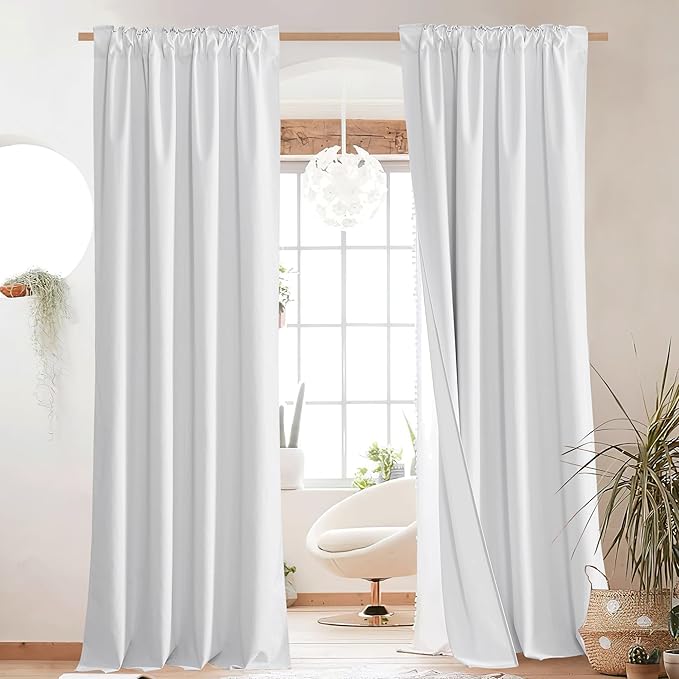 NICETOWN Back Tab 100% Blackout Linen Curtains with Thermal Insulated White Liner, White, 52" Wide, 84" Length Energy Saving Curtains for Living Room 2 Panels Set, Vertical Blinds