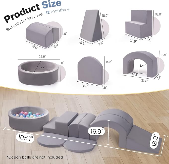 9-Piece Foam Climbing Blocks for Toddlers, Baby Climb and Crawl Soft Play Set with Ball Pit, Machine Washable Cover, Indoor Activity Play Structure, Climbing Toys for Toddlers 1-3 (Gray)