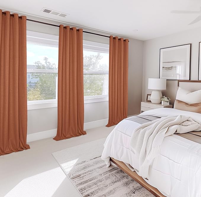 100% Blackout Shield Linen Blackout Curtains for Bedroom, Orange Grommet Curtains for Living Room, Thermal Insulated Room Darkening Drapes for Nursery, Boho Home Decor, 50" W x 90" L, 2 Panels