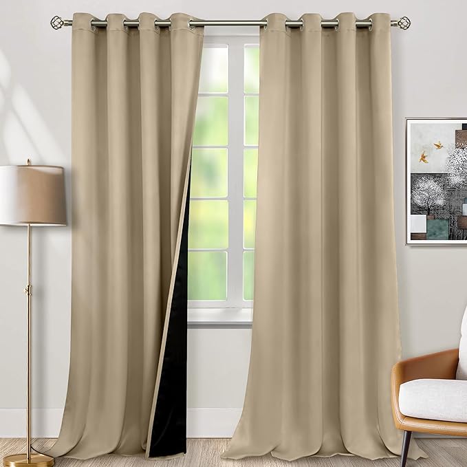 BGment Thermal Insulated 100% Blackout Curtains for Bedroom with Black Liner, Double Layer Full Room Darkening Noise Reducing Grommet Curtain (52 x 108 Inch, Sand, 2 Panels)