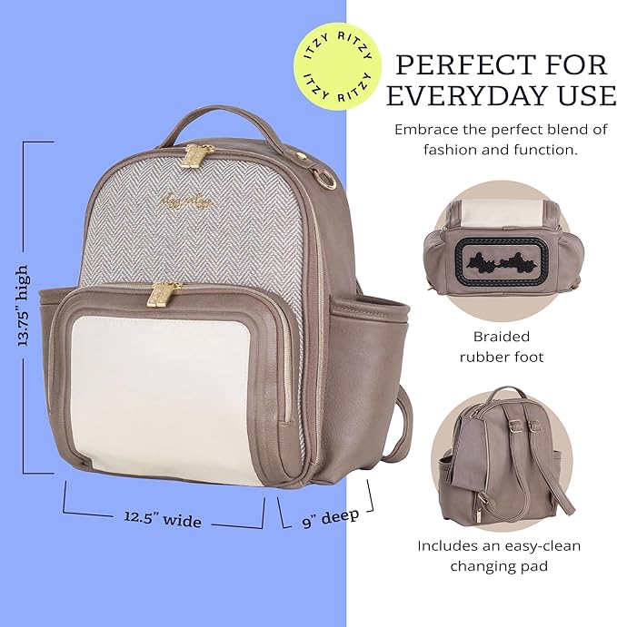 Itzy Ritzy Mini Diaper Bag Backpack – Chic, Compact Mini Plus Backpack with Changing Pad, 10 Pockets (6 Internal, 4 External), Grab-Top Handle & Rubber Feet (Vanilla Latte)