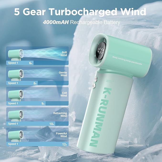Portable Handheld Turbo Fan,100 Speeds Adjustable Mini Personal Fan, 4000mAh USB Rechargeable Battery Operated, LED Display,Gifts for Women Men Travel/Camping/Outdoor (Green)