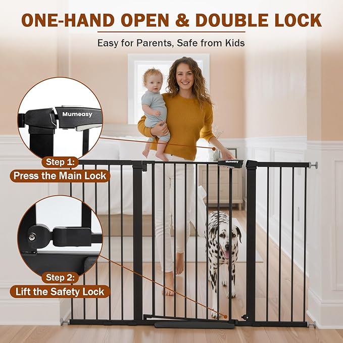 Mumeasy 29.7-57" Extra Wide Baby Gate, Auto Close Large Dog Gate for Doorways, No Drilling Pressure Mounted Pet Safety Gate for Stairs, Easy Walk Through Child Gate for Hallways, House, Indoor, Black