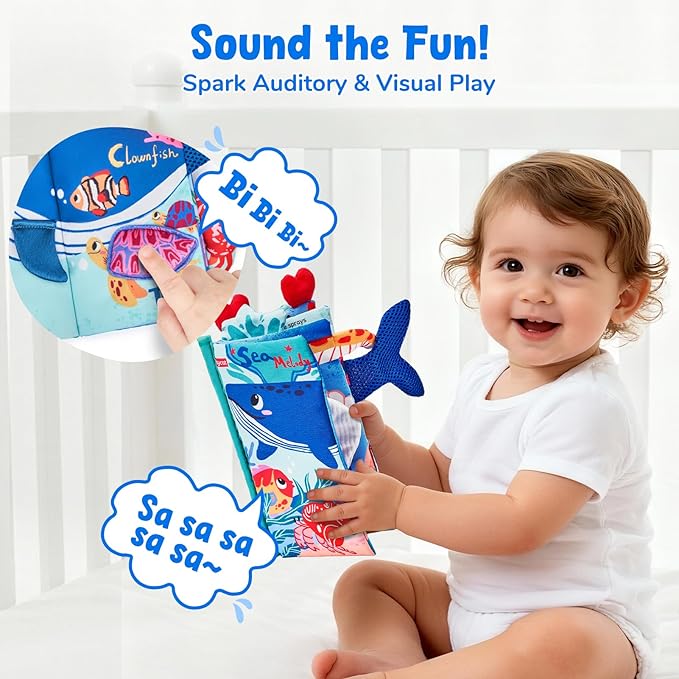JoyCat Baby Books 0-6-12 Months - Ocean Tummy Time Toys Mirror - Montessori Sensory Activity Cloth Book with 3D Crab & Fish - Newborn Valentine Easter Basket Stuffers