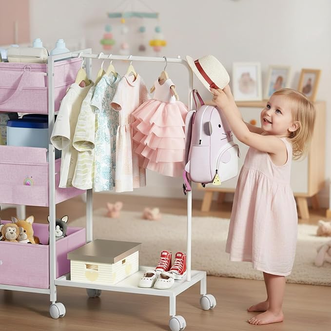 Baby Diaper Caddy Organizer - 3 Tier Rolling Cart with Kids Clothing Rack, Mobile Utility Cart with Dividers and Drawers, Large Capacity Storage Cart for Bedroom, Bathroom, Carts with Wheels