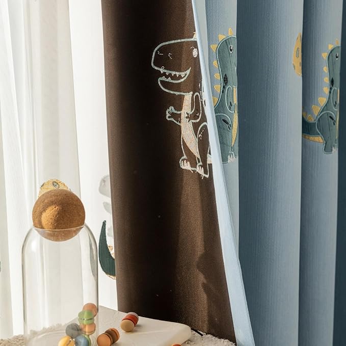 Cartoon Dinosaur Kids Curtains with Blackout Liner Embroidery Nursery Curtains for Children Boys Baby Bedroom Living Room Grommet Top Room Darkening Window Drapes 1 Panel (Blue,W52 x L96 Inch)