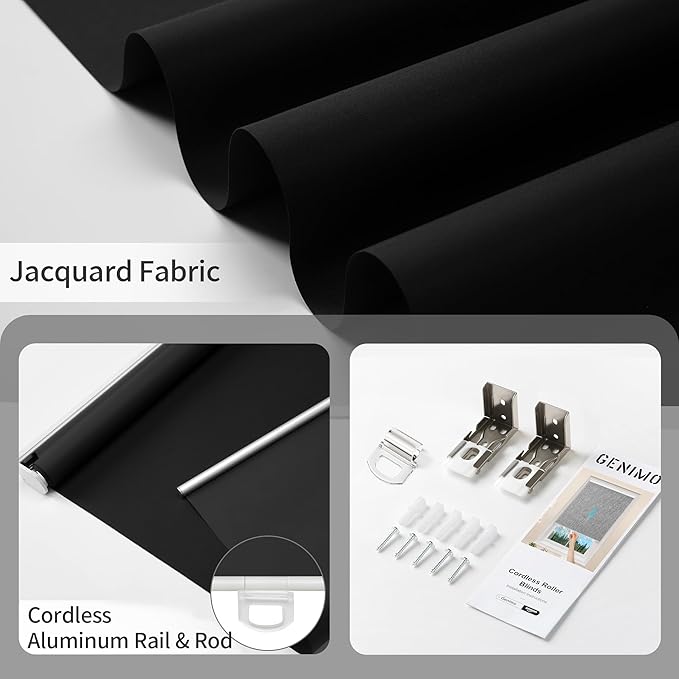 GENIMO 100% Blackout Roller Window Shades, Window Blinds Cordless with Thermal Insulated, UV Protection Fabric, Mini French Door Blinds for Home, Office, Bedroom, Easy to Install, Black, 33" W X 72" H