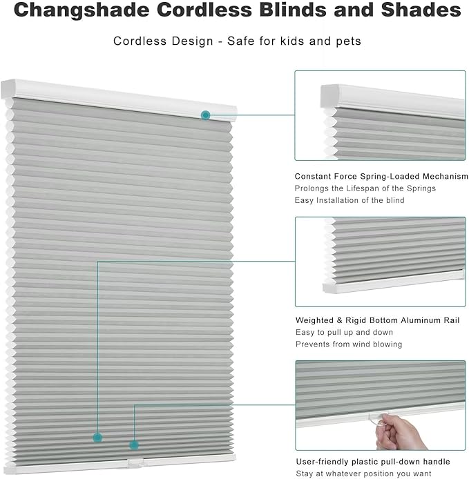Changshade Cordless Cellular Shades, Light Filtering Honeycomb Shades for Windows, Pull Down Pleated Blinds, Easy to Install for Indoor Windows and French Doors,31" W x 72" H, Grey