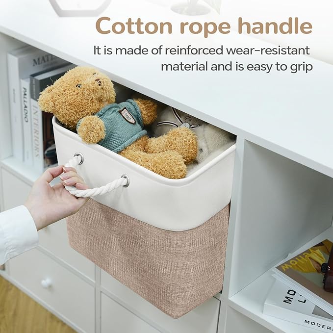 12 x 12 Inch Cube Storage Bins, 4 Pack Fabric Storage Basket with Handles, Foldable Boxes Organizer for Shelf Baskets for Home, Clothes (White/Khaki)