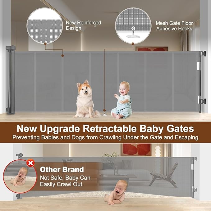 120 inch Retractable Baby Gates 34 inch Tall, Retractable Gate with Reinforced Strip Design to Prevent Crawling Through, 10 FT Extra Wide Retractable Dog Gate for Indoor/Outdoor