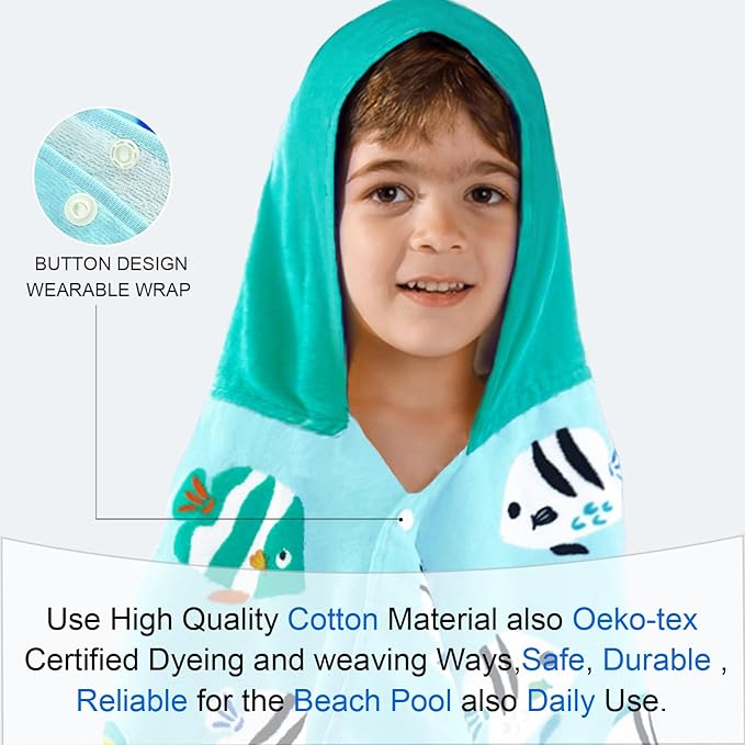 VOOVA & MOVAS Kids Beach Towels with Hood,(3-8 Years, 30''X50),Absorbent 100% Cotton Towel Wrap for Boys, Perfect for Toddler Beach, Pool, Bath, Swimming, Fish