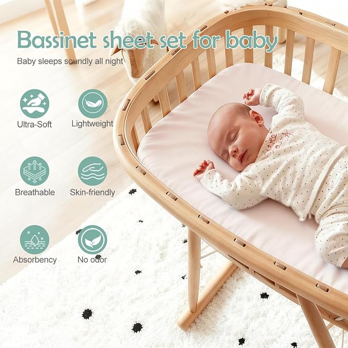 4 Pack Bassinet Fitted Sheets Compatible with 21" x 35" Amke, Ezebaby, Evolur Stellar and Mereryi Baby Bassinet, Soft and Skin-Friendly, Mint Green and Color Rainbow