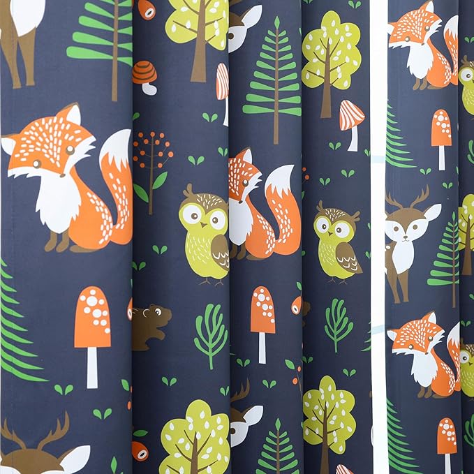 L.Z.E Navy Blue Kids Curtains for Bedroom Nursery, 85% Room Darkening Blackout Thermal Insulated Drapes for Boys Girls Room, Forest Animal Print Grommet Top 2 Panels Set, 52 x 108 Inch