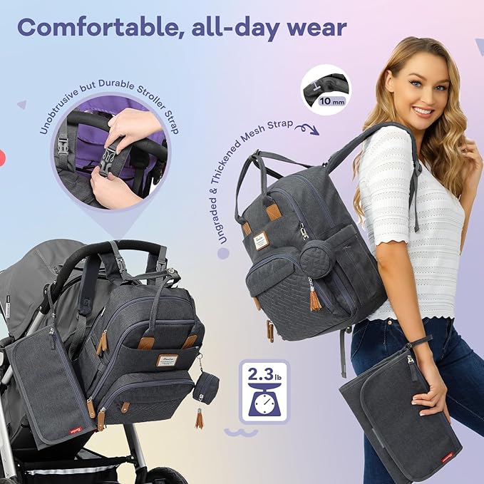 RUVALINO Diaper Bag Backpack, Multifunction Travel Pack Maternity Baby Changing Bags, Large Capacity, Waterproof, Dark Gray | Multifunction, Travel Pack, Maternity, Baby Changing Bags, Waterproof