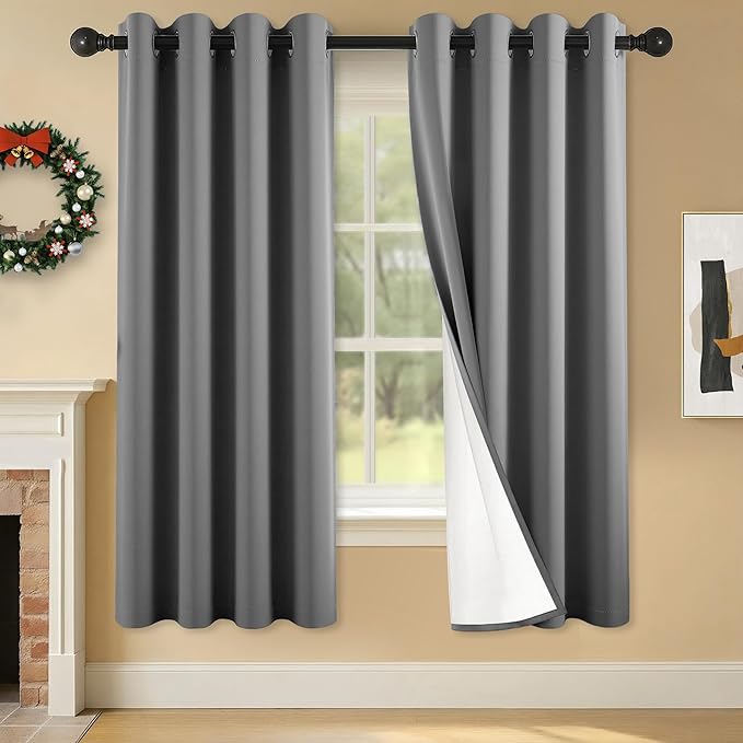 100% Blackout Curtains 63 Inch Length for Bedroom Living Room, Grommet Thermal Insulated Room Darkening Drapes, Light Blocking Window Treatment Decor, 2 Panels, 54x63, Charcoal Grey