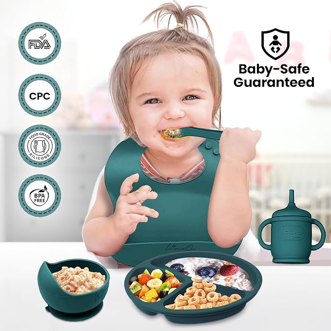 Silicone Baby Feeding Set, 10 Pcs Baby Led Weaning Supplies | BPA-Free Baby Dishes with Toddler Plates and Bowls Set, Silicone Bib, Suction Cup, Baby Spoons & Forks | Empower Independence – Green