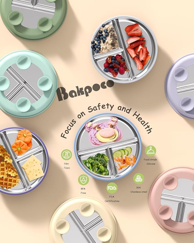 Bakpoco 8” Stainless Steel Toddler Plate with Suction, Divided Plates with Removable Silicone Sleeves for Kids, Non Toxic & BPA Free | Non Slip | Unbreakable Baby Snack Dishes Set of 2, Blue & Sage