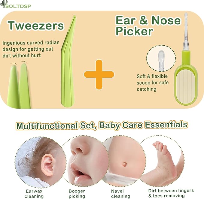 5-in-1 Baby Nail Kit with Storage Case, Cactus Theme Design Including Baby Nail Clippers, Nail Scissors, Nail File, Tweezers & Nose Picker, Newborn Essentials Must Haves for Baby Shower(Green)