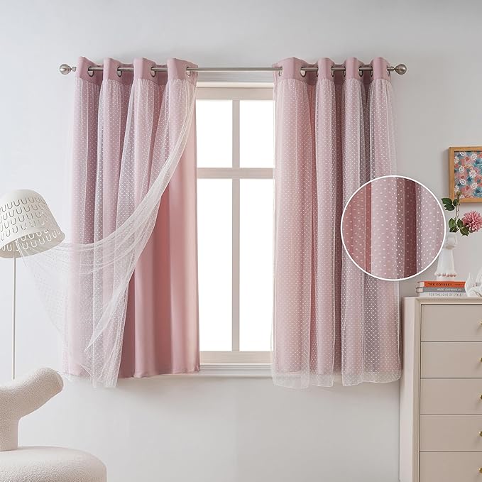 MYSKY HOME Pink Curtains for Girls Bedroom & Nursery Kids Blackout Blush Princess Curtains 63 inch Long Double Layer with Polka Dots Sheer, Grommet Tops, 52" Wide, 2 Panels